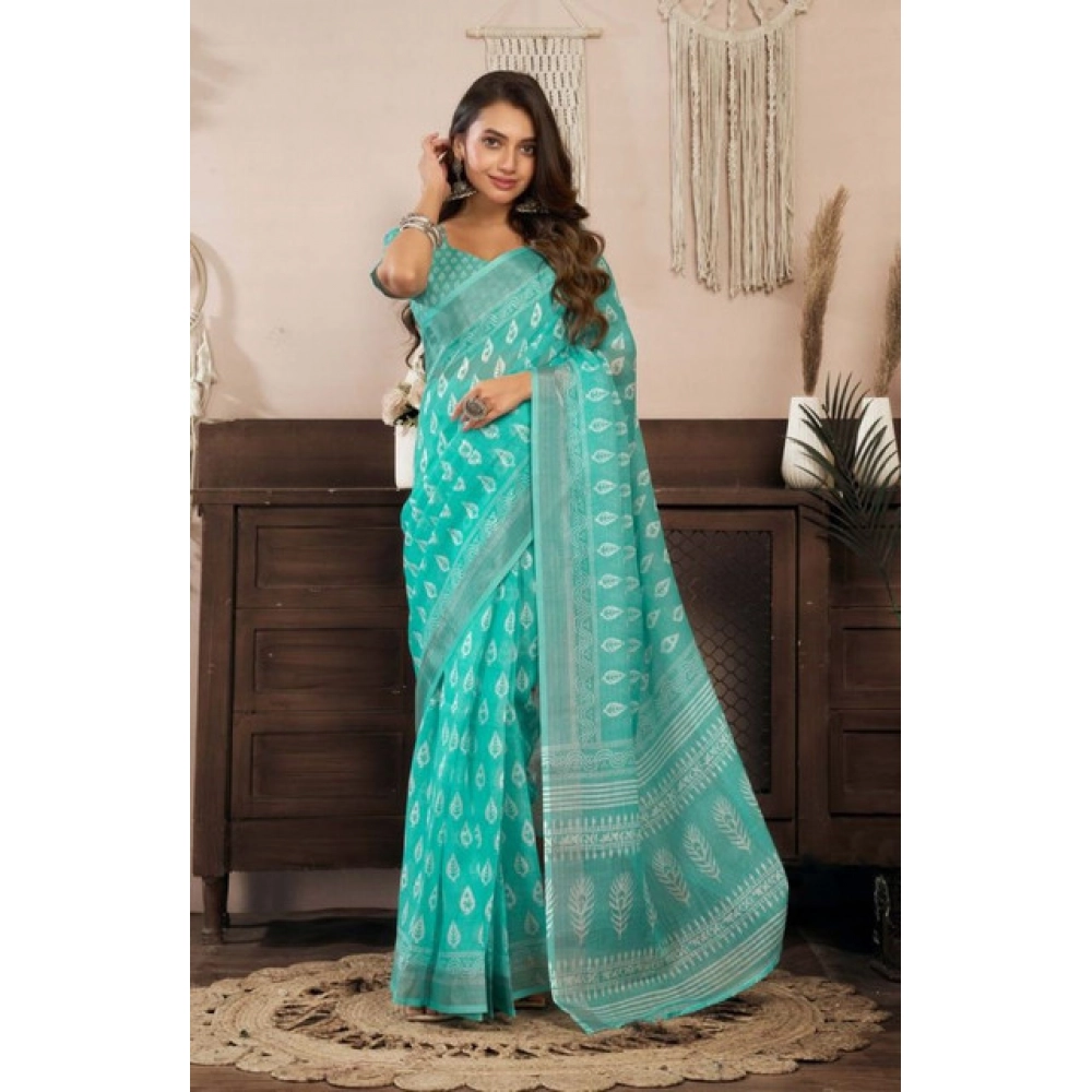 Generic Women's Faux Linen Leaf Print Ready to wear Saree With Unstitched Blouse 5.5Mtr (SeaGreen) - Image 3