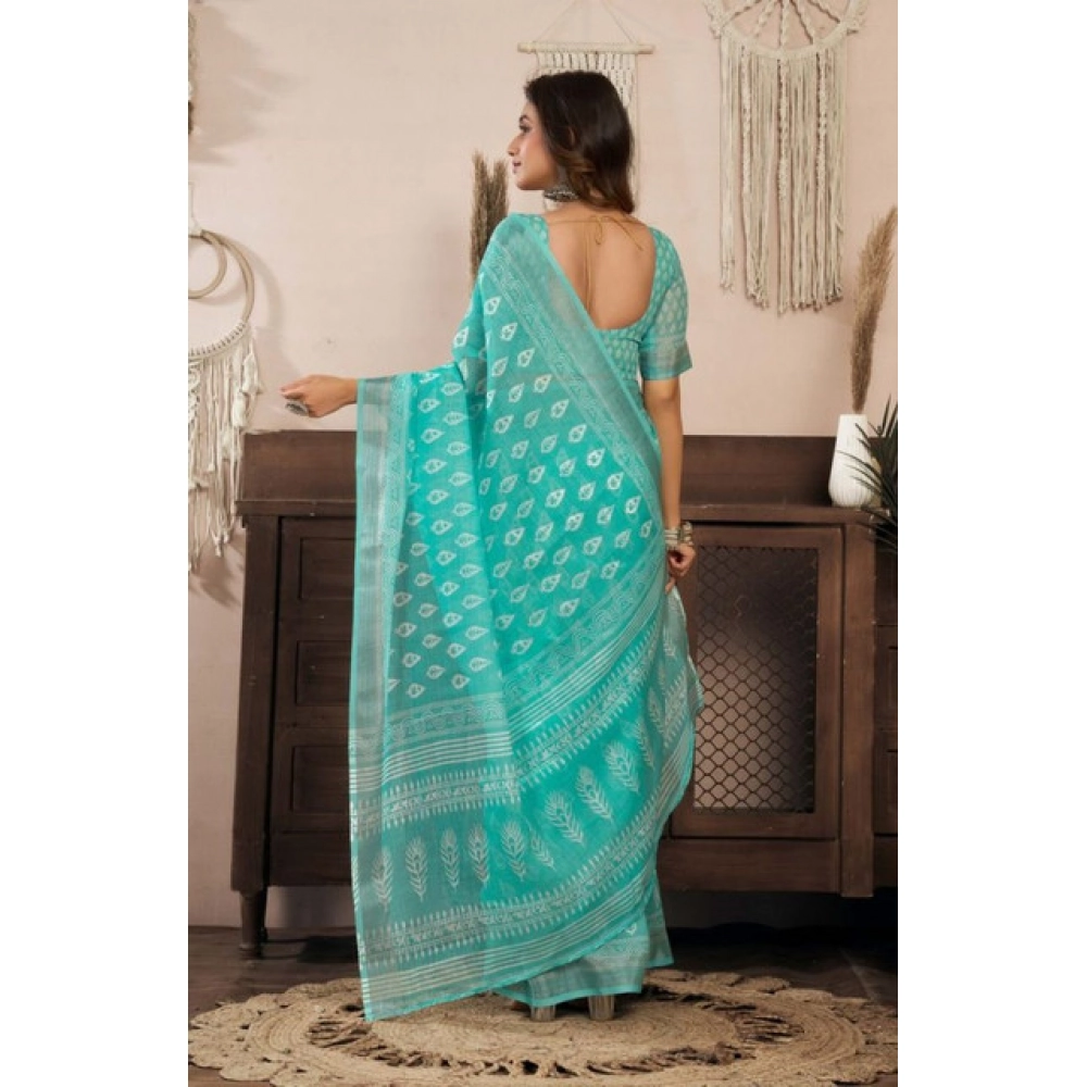 Generic Women's Faux Linen Leaf Print Ready to wear Saree With Unstitched Blouse 5.5Mtr (SeaGreen) - Image 4