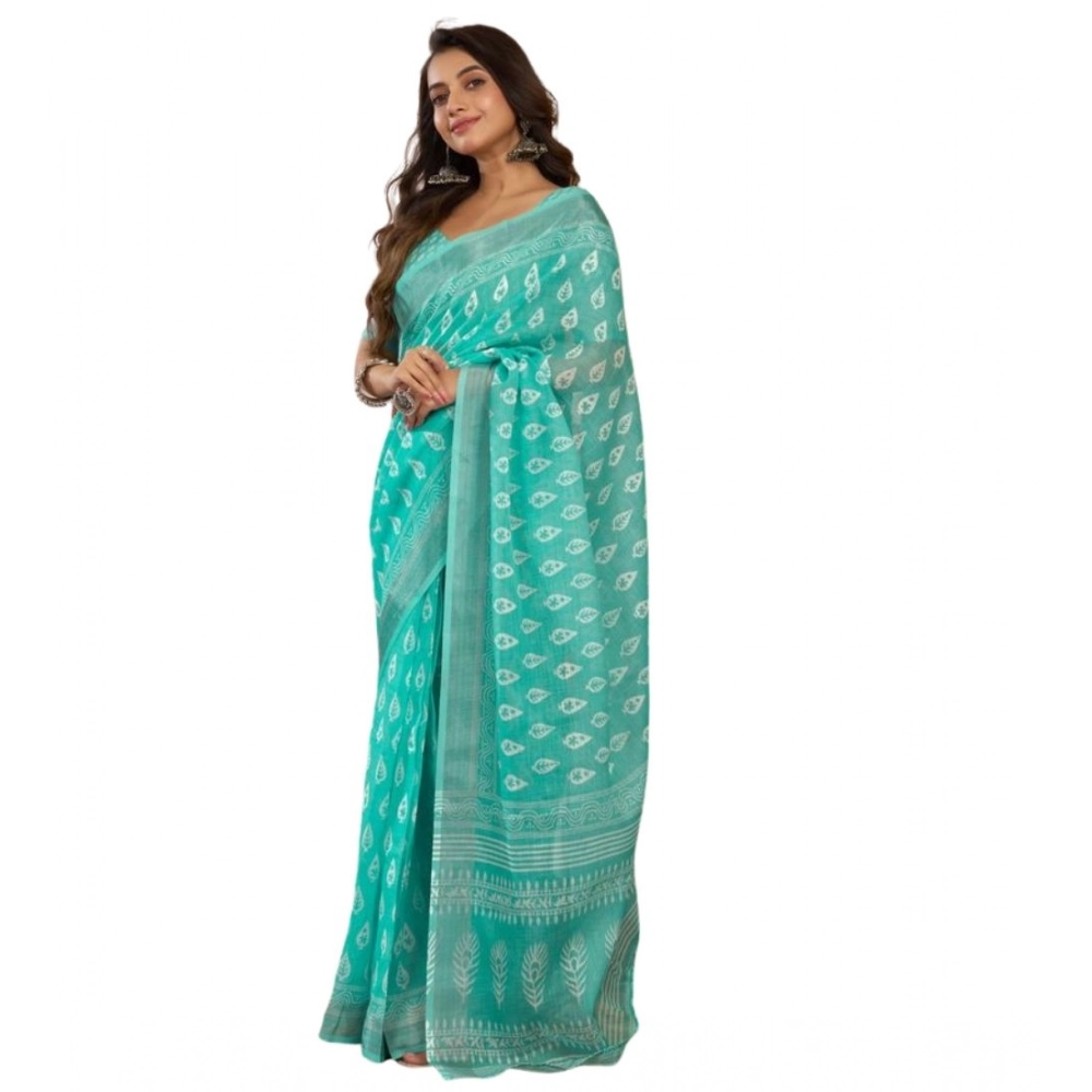 Generic Women's Faux Linen Leaf Print Ready to wear Saree With Unstitched Blouse 5.5Mtr (SeaGreen) - Image 5