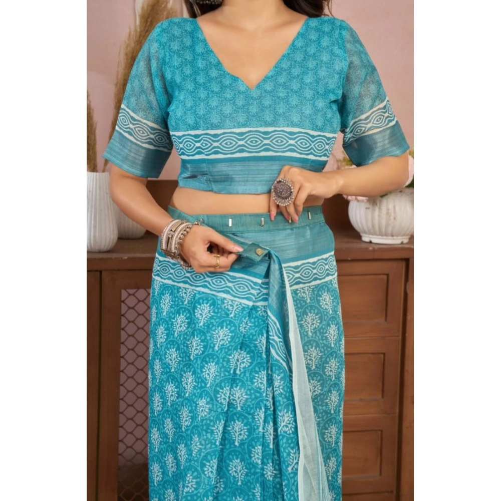 Generic Women's Faux Linen Floral Print Ready to wear Saree With Unstitched Blouse 5.5Mtr (AquaBlue) - Image 2