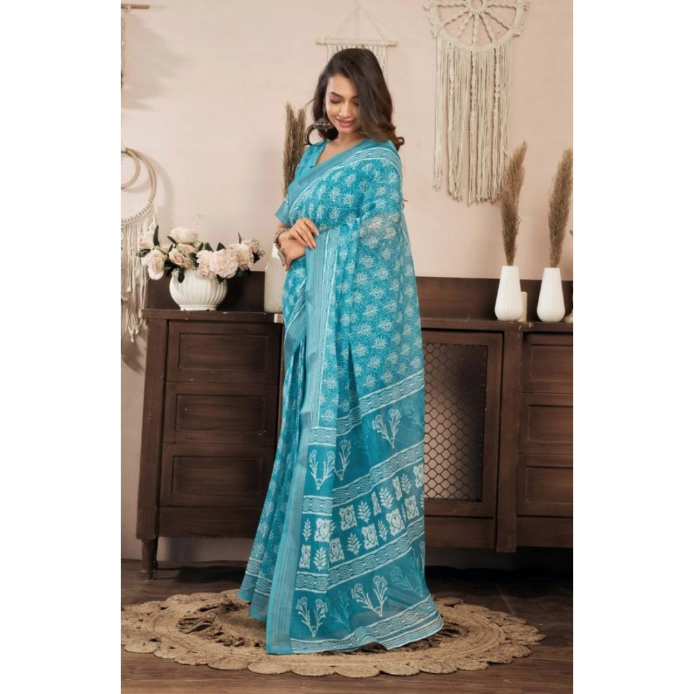 Generic Women's Faux Linen Floral Print Ready to wear Saree With Unstitched Blouse 5.5Mtr (AquaBlue) - Image 3