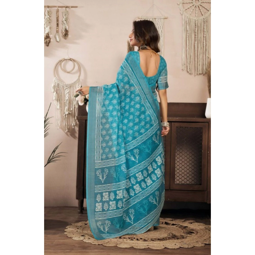 Generic Women's Faux Linen Floral Print Ready to wear Saree With Unstitched Blouse 5.5Mtr (AquaBlue) - Image 4