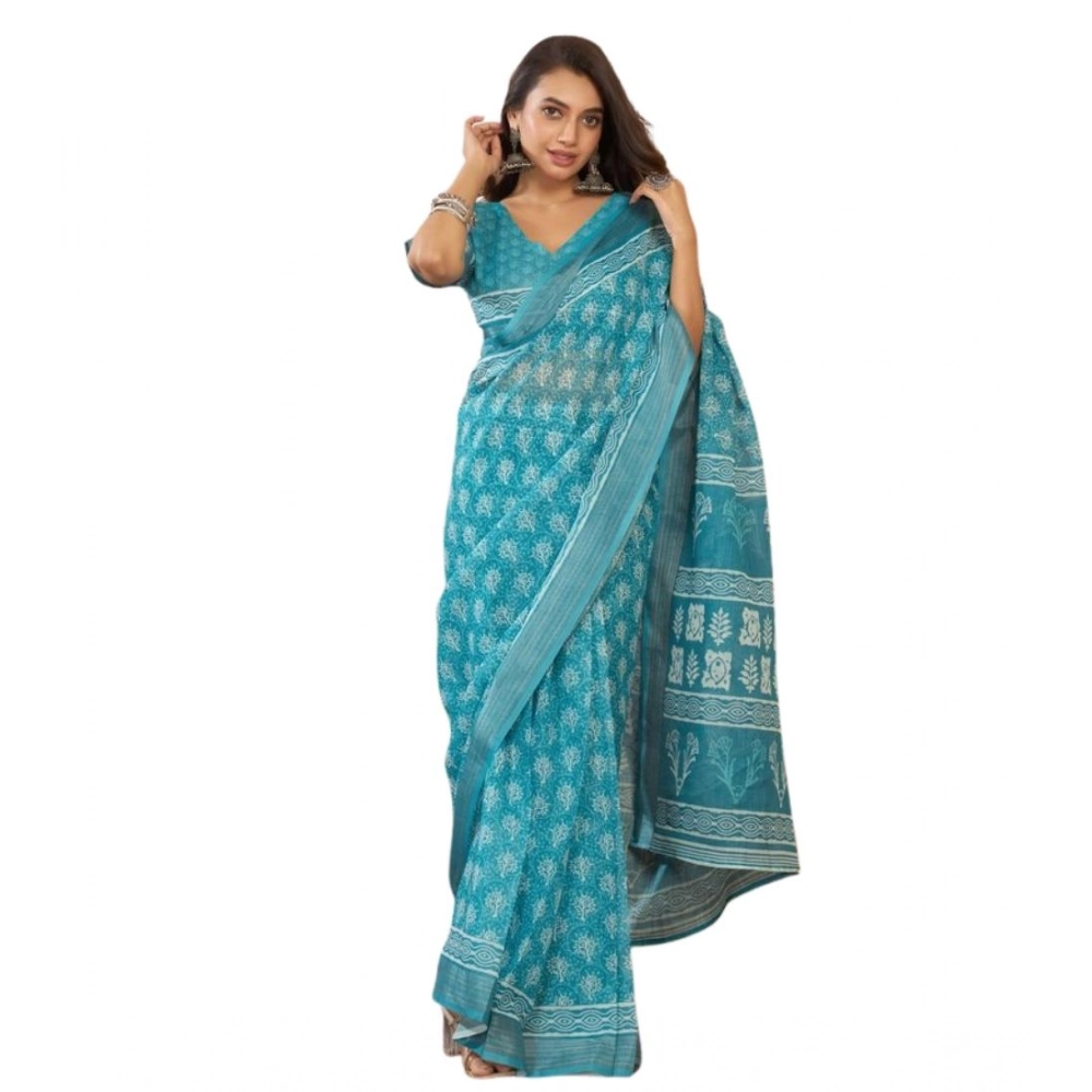 Generic Women's Faux Linen Floral Print Ready to wear Saree With Unstitched Blouse 5.5Mtr (AquaBlue) - Image 5