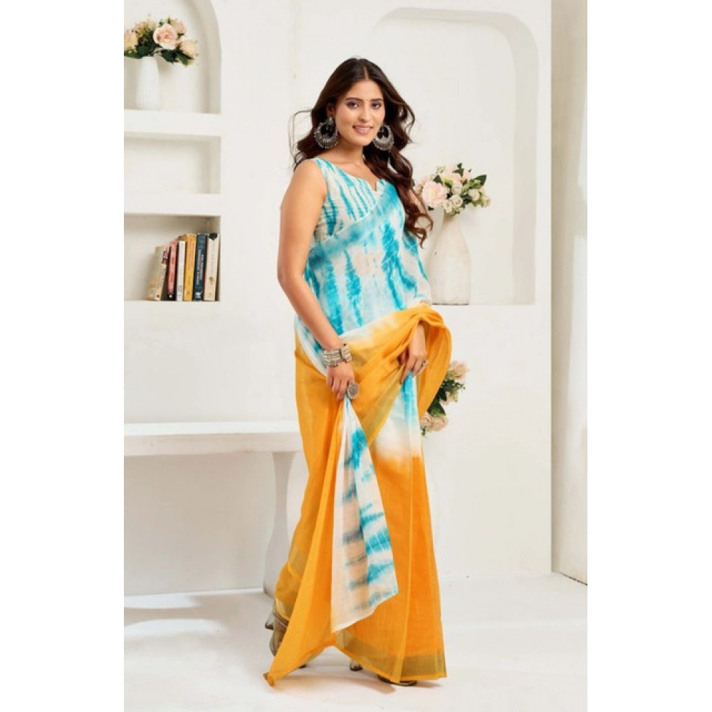 Generic Women's Faux Linen Abstract Print Ready to wear Saree With Unstitched Blouse 5.5Mtr (Multicolor) - Image 3