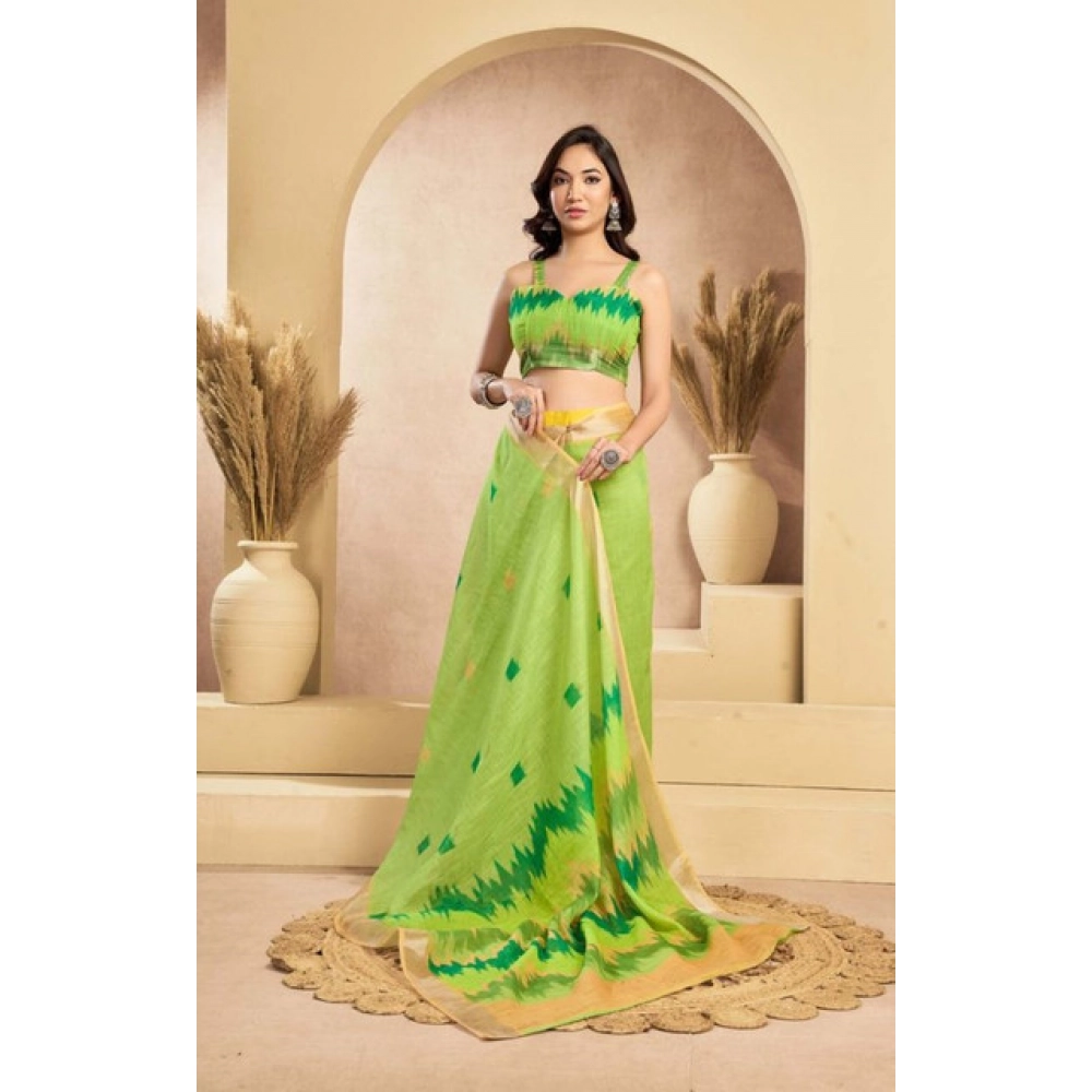 Generic Women's Faux Linen Floral Print Ready to wear Saree With Unstitched Blouse 5.5Mtr (Green) - Image 3