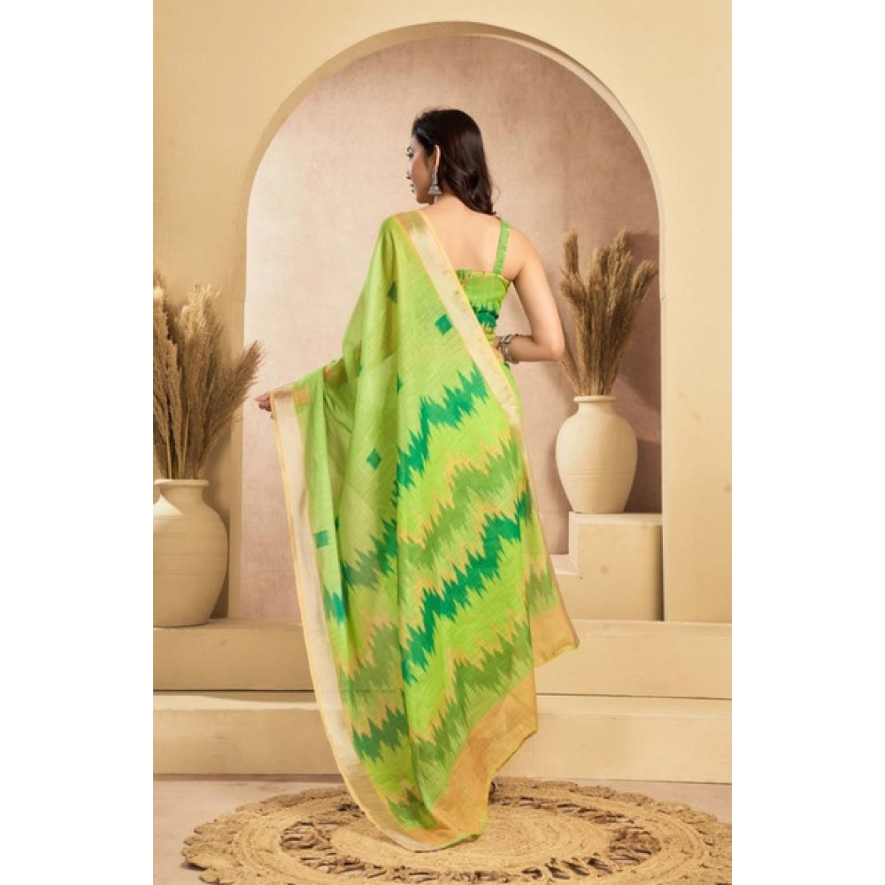 Generic Women's Faux Linen Floral Print Ready to wear Saree With Unstitched Blouse 5.5Mtr (Green) - Image 4