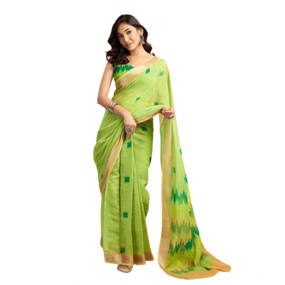 Generic Women's Faux Linen Floral Print Ready to wear Saree With Unstitched Blouse 5.5Mtr (Green) - Image 5