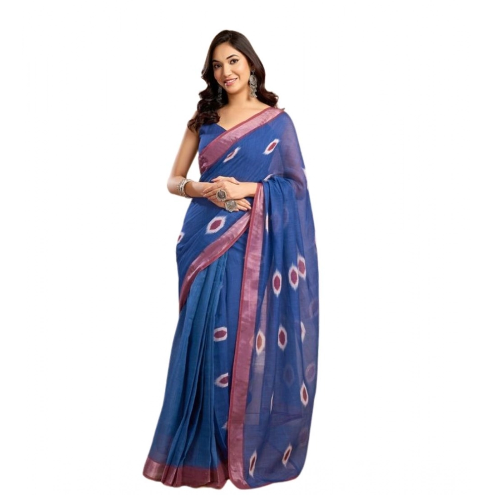 Generic Women's Faux Linen Printed Ready to wear Saree With Unstitched Blouse 5.5Mtr (Blue) - Image 5