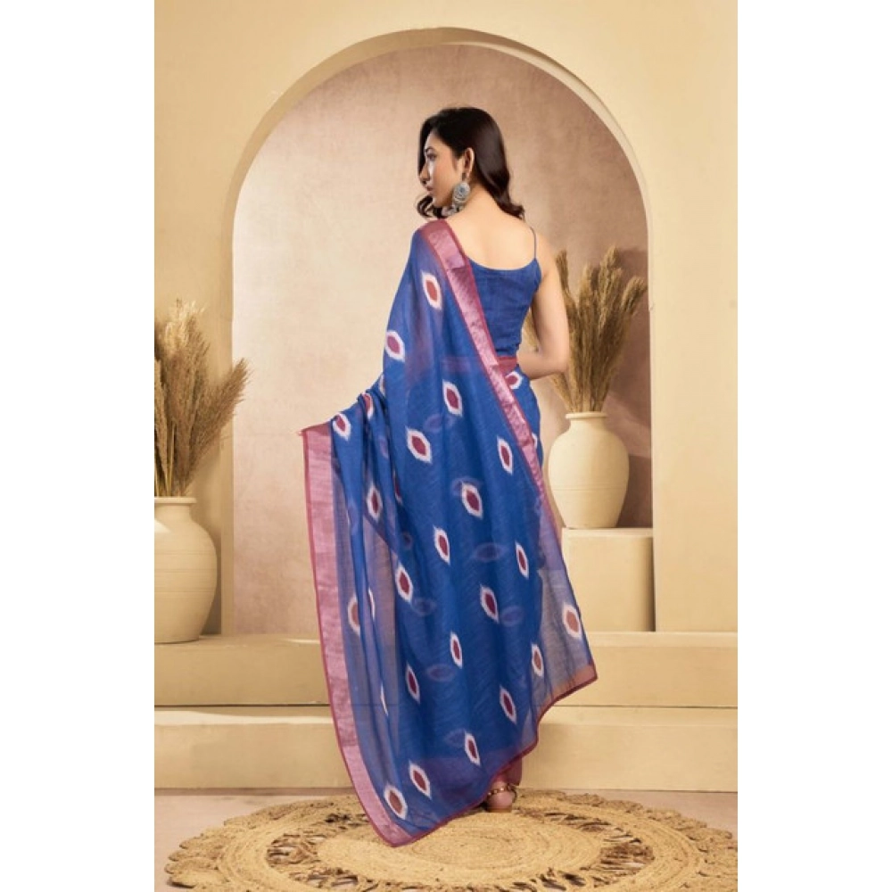 Generic Women's Faux Linen Printed Ready to wear Saree With Unstitched Blouse 5.5Mtr (Blue) - Image 4