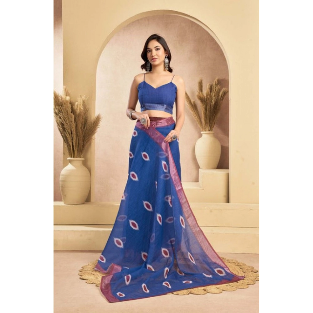 Generic Women's Faux Linen Printed Ready to wear Saree With Unstitched Blouse 5.5Mtr (Blue) - Image 3