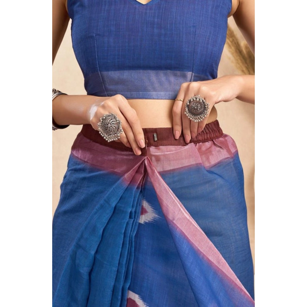 Generic Women's Faux Linen Printed Ready to wear Saree With Unstitched Blouse 5.5Mtr (Blue) - Image 2