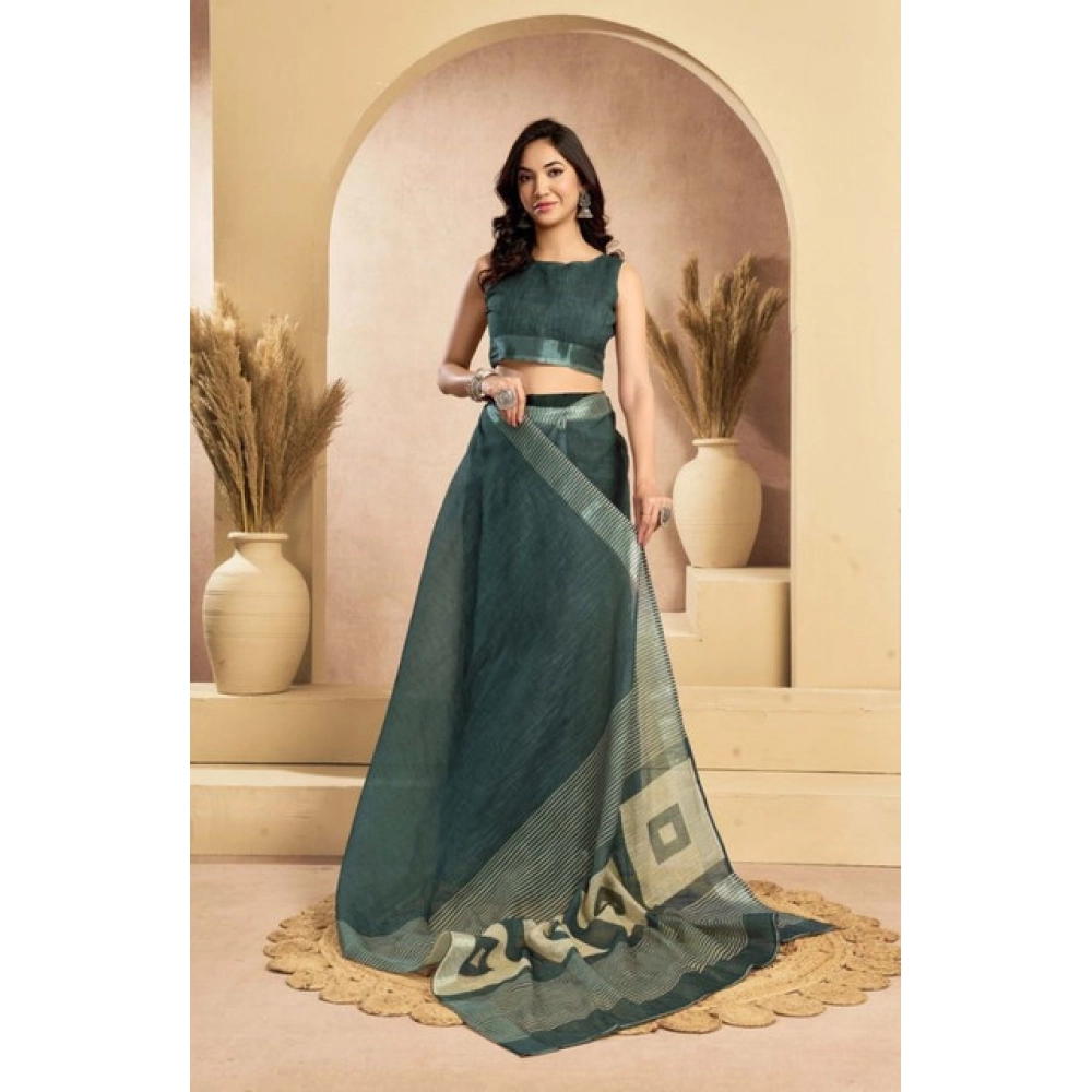 Generic Women's Faux Linen Floral Ready to wear Saree With Unstitched Blouse 5.5Mtr (Light_Teal) - Image 3