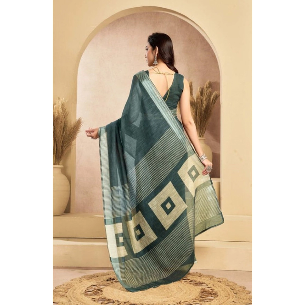 Generic Women's Faux Linen Floral Ready to wear Saree With Unstitched Blouse 5.5Mtr (Light_Teal) - Image 4