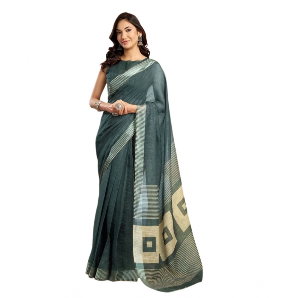 Generic Women's Faux Linen Floral Ready to wear Saree With Unstitched Blouse 5.5Mtr (Light_Teal) - Image 5