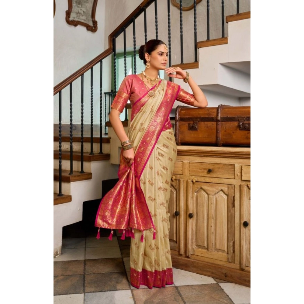 Generic Women's Silk Blend Booti Work Ready to wear Saree With Unstitched Blouse 5.5Mtr (LightBeige) - Image 2