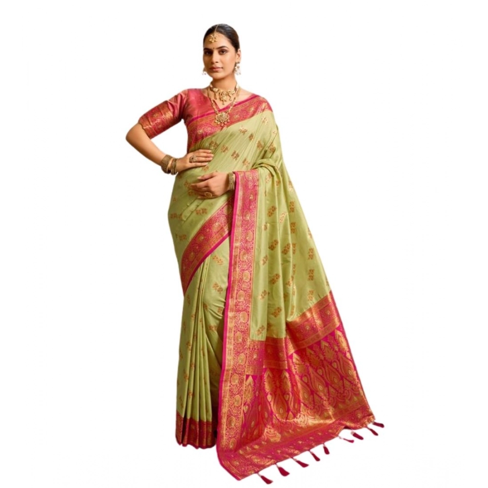 Generic Women's Silk Blend Booti Work Ready to wear Saree With Unstitched Blouse 5.5Mtr (Green) - Image 5