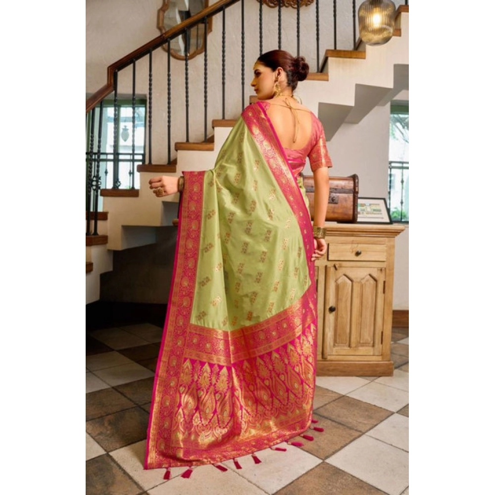 Generic Women's Silk Blend Booti Work Ready to wear Saree With Unstitched Blouse 5.5Mtr (Green) - Image 4