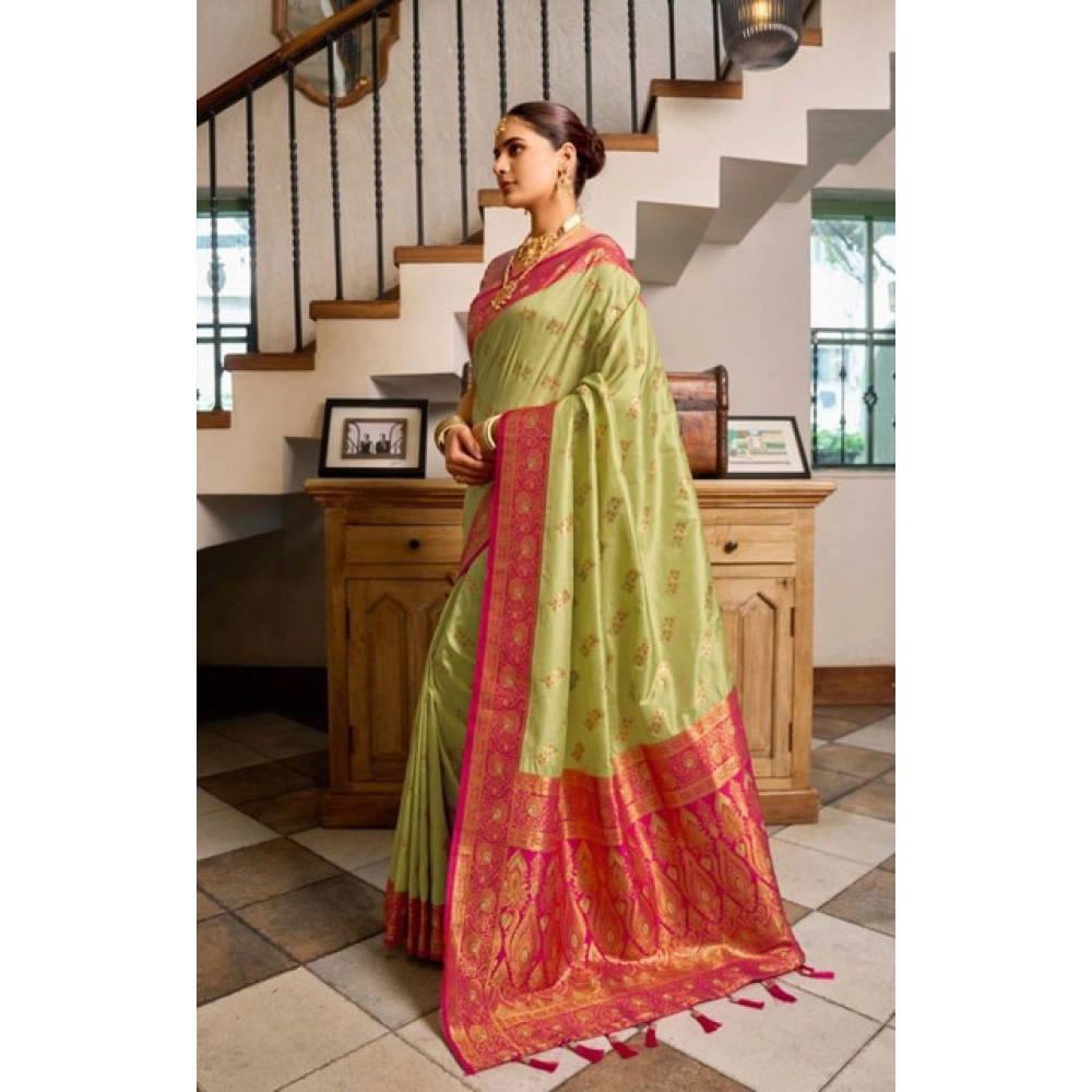 Generic Women's Silk Blend Booti Work Ready to wear Saree With Unstitched Blouse 5.5Mtr (Green) - Image 3