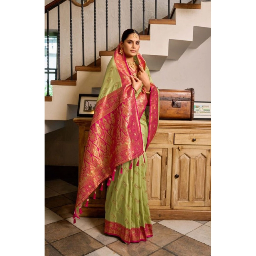 Generic Women's Silk Blend Booti Work Ready to wear Saree With Unstitched Blouse 5.5Mtr (Green) - Image 2