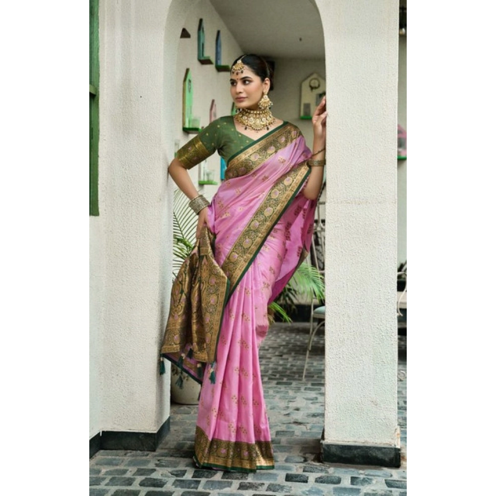 Generic Women's Silk Blend Booti Work Ready to wear Saree With Unstitched Blouse 5.5Mtr (LightPink) - Image 2