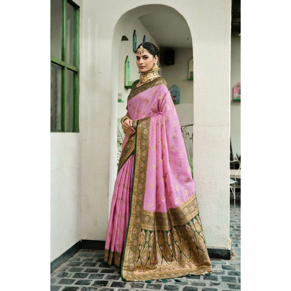 Generic Women's Silk Blend Booti Work Ready to wear Saree With Unstitched Blouse 5.5Mtr (LightPink) - Image 3