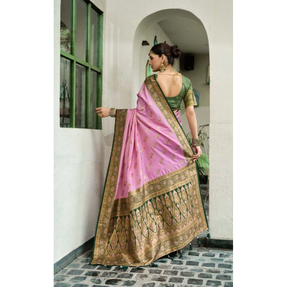 Generic Women's Silk Blend Booti Work Ready to wear Saree With Unstitched Blouse 5.5Mtr (LightPink) - Image 4