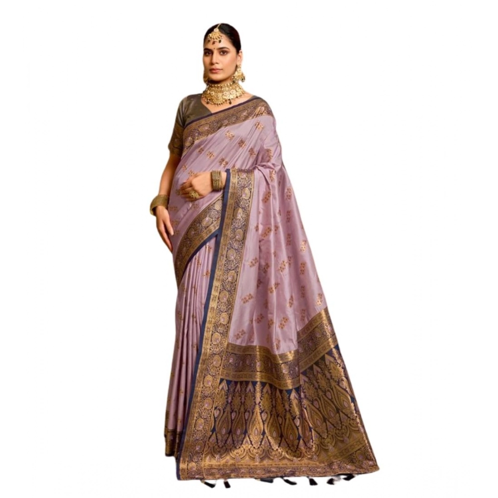 Generic Women's Silk Blend Booti Work Ready to wear Saree With Unstitched Blouse 5.5Mtr (Lavender) - Image 5