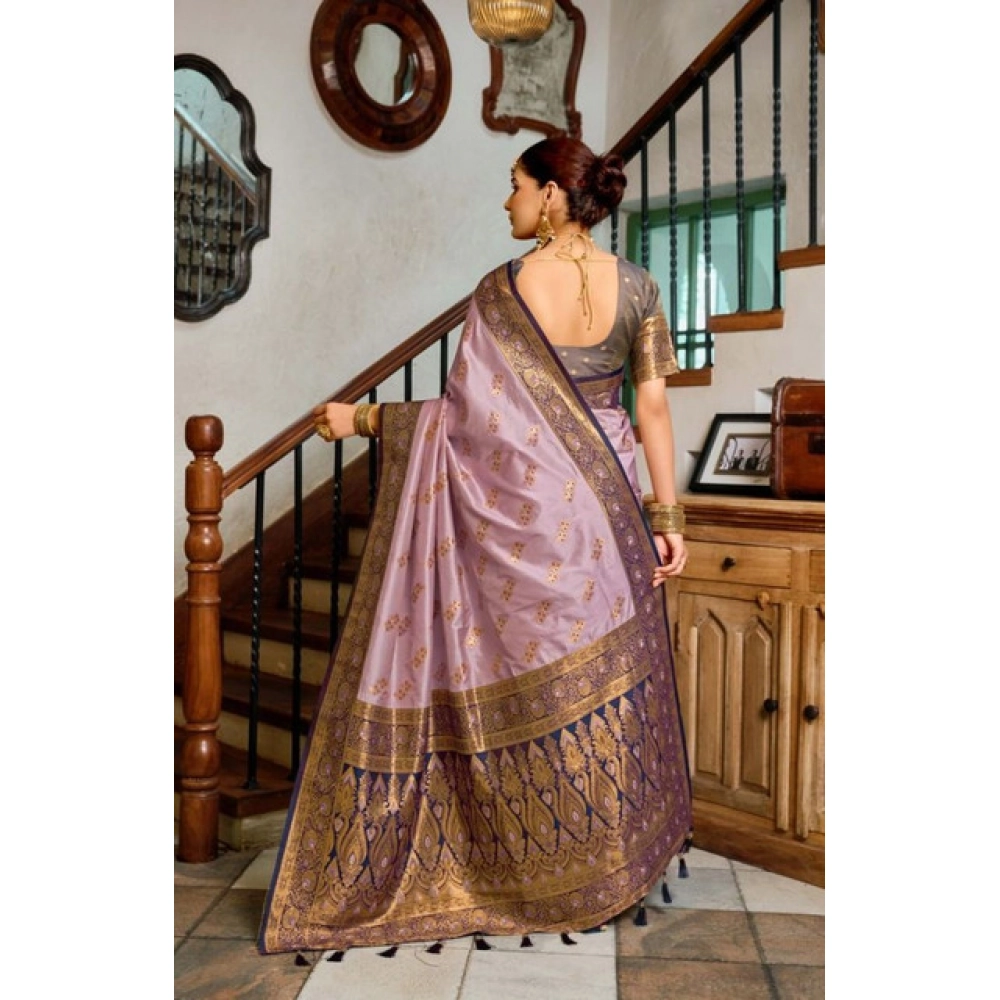 Generic Women's Silk Blend Booti Work Ready to wear Saree With Unstitched Blouse 5.5Mtr (Lavender) - Image 4