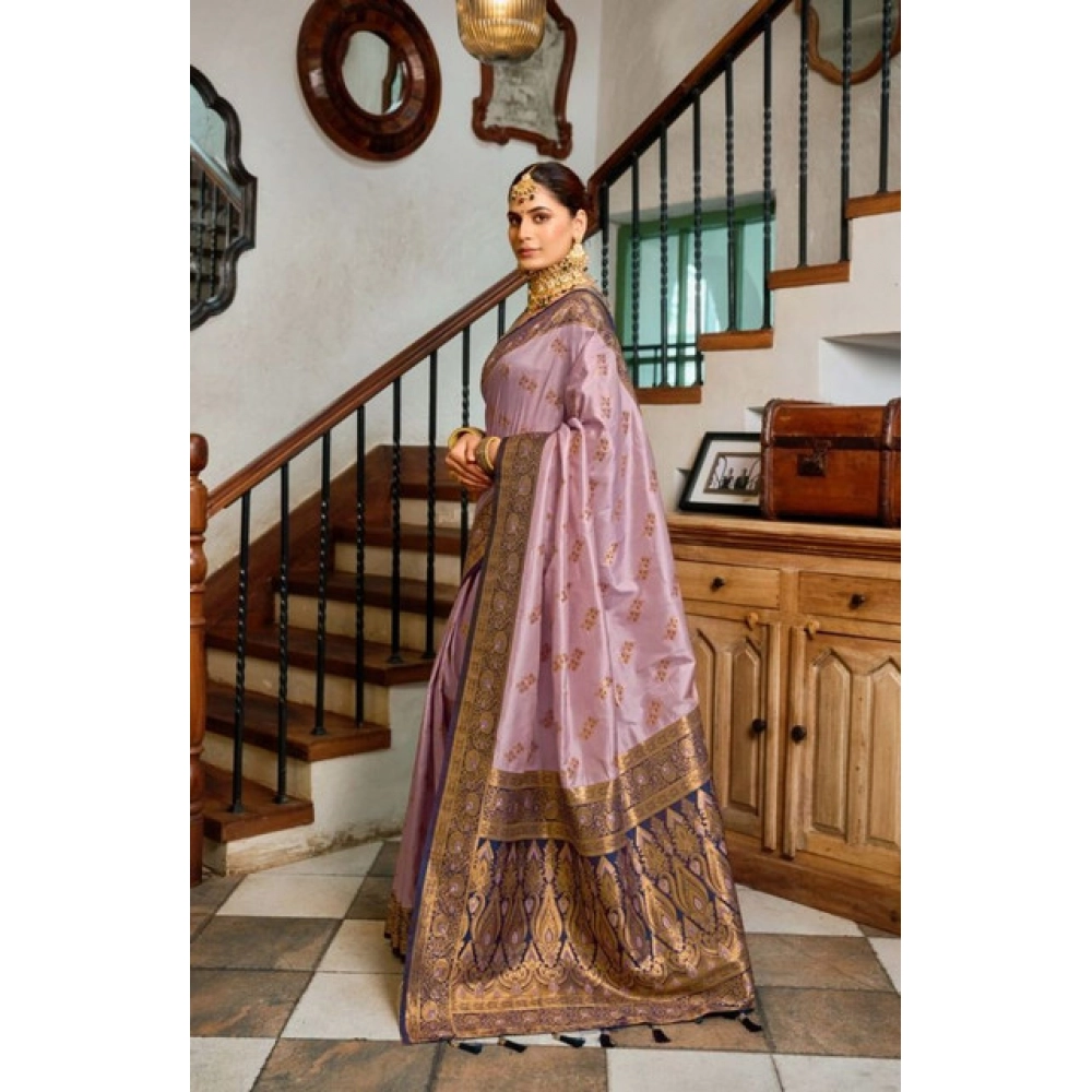 Generic Women's Silk Blend Booti Work Ready to wear Saree With Unstitched Blouse 5.5Mtr (Lavender) - Image 3
