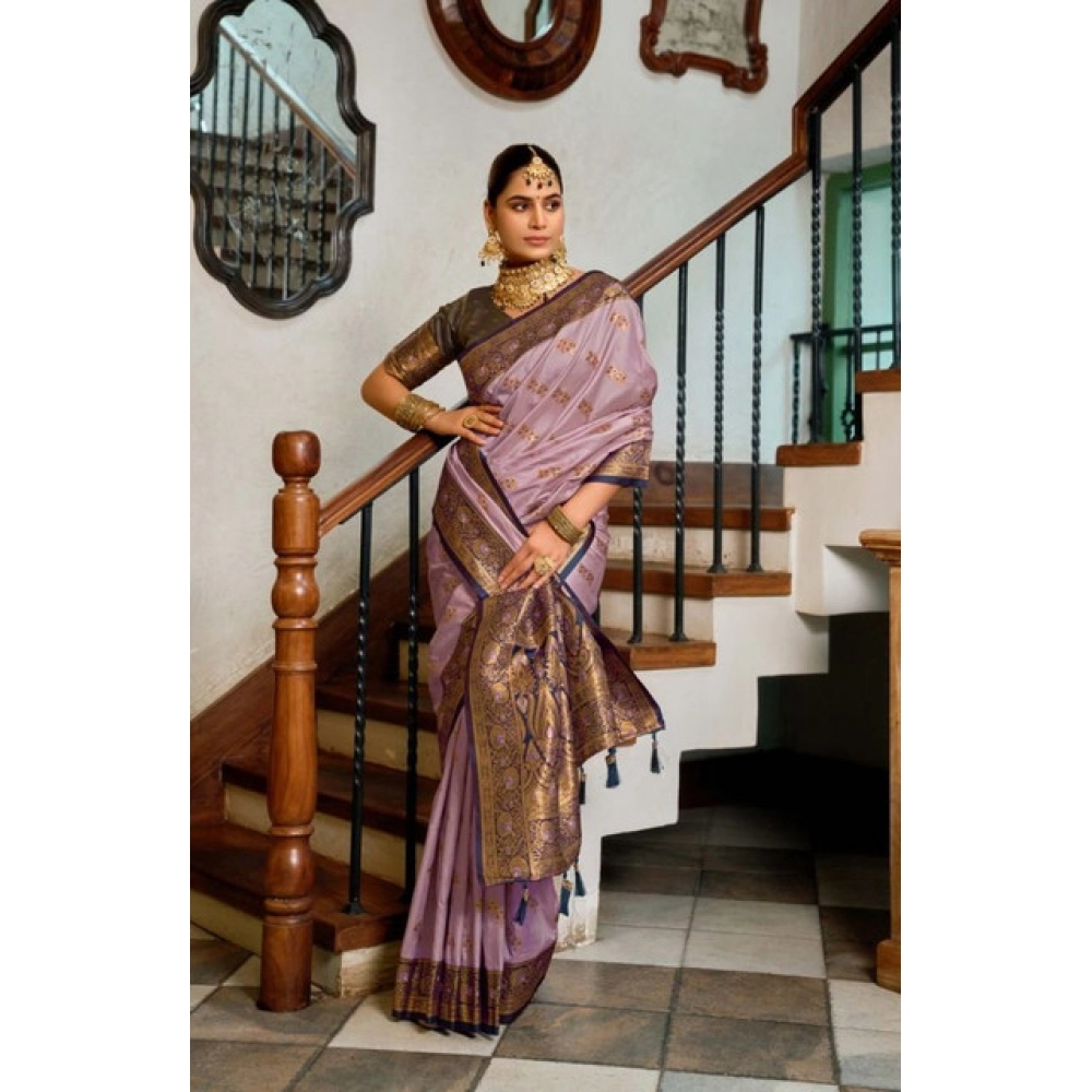Generic Women's Silk Blend Booti Work Ready to wear Saree With Unstitched Blouse 5.5Mtr (Lavender) - Image 2