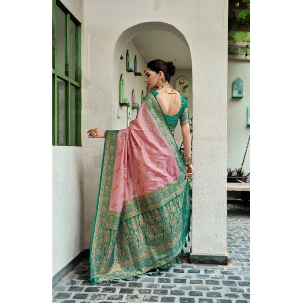 Generic Women's Silk Blend Booti Work Ready to wear Saree With Unstitched Blouse 5.5Mtr (Peach) - Image 4
