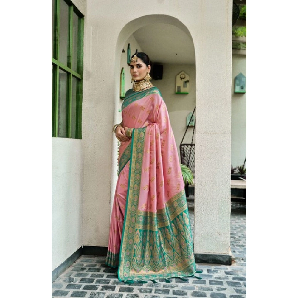 Generic Women's Silk Blend Booti Work Ready to wear Saree With Unstitched Blouse 5.5Mtr (Peach) - Image 3