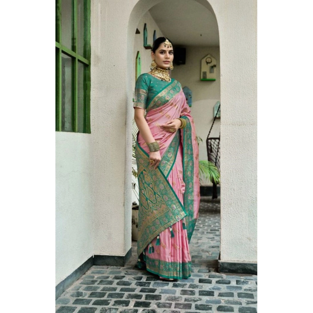 Generic Women's Silk Blend Booti Work Ready to wear Saree With Unstitched Blouse 5.5Mtr (Peach) - Image 2