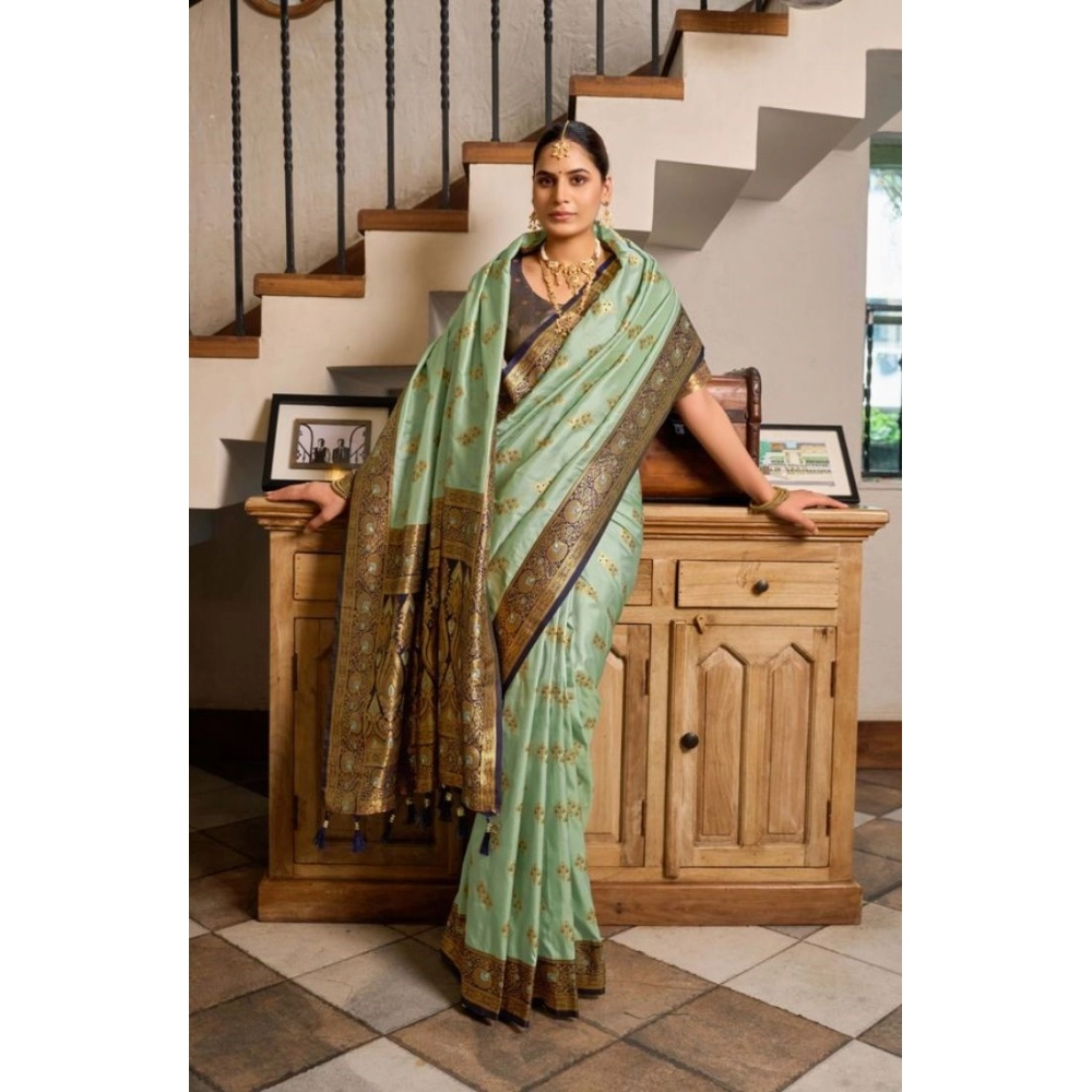 Generic Women's Silk Blend Booti Work Ready to wear Saree With Unstitched Blouse 5.5Mtr (SeaGreen) - Image 2