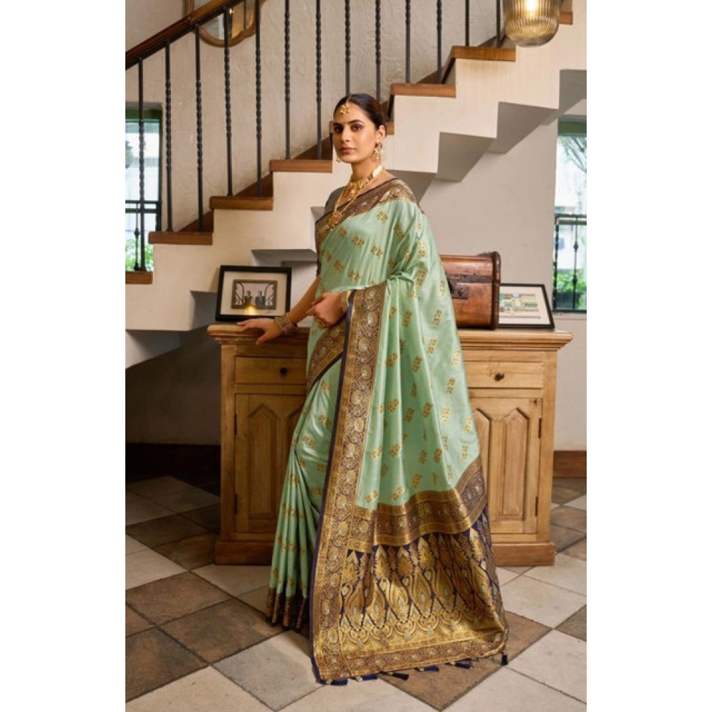 Generic Women's Silk Blend Booti Work Ready to wear Saree With Unstitched Blouse 5.5Mtr (SeaGreen) - Image 3