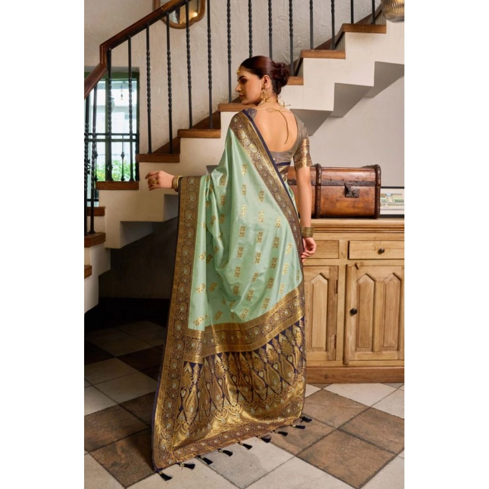 Generic Women's Silk Blend Booti Work Ready to wear Saree With Unstitched Blouse 5.5Mtr (SeaGreen) - Image 4