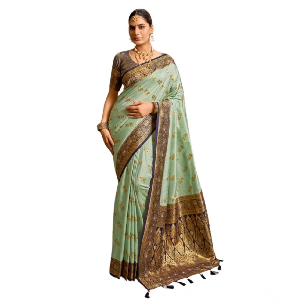 Generic Women's Silk Blend Booti Work Ready to wear Saree With Unstitched Blouse 5.5Mtr (SeaGreen) - Image 5