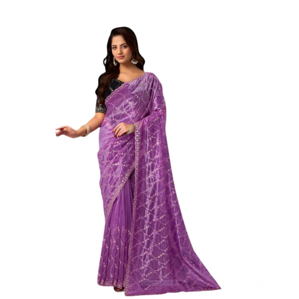 Generic Women's Net Sequence Saree With Unstitched Blouse 5.5Mtr (Lavender) - Image 5