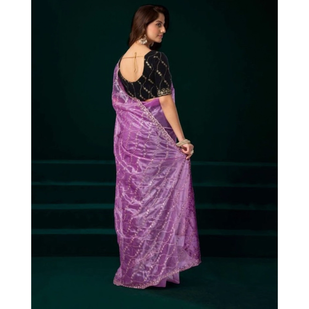 Generic Women's Net Sequence Saree With Unstitched Blouse 5.5Mtr (Lavender) - Image 4