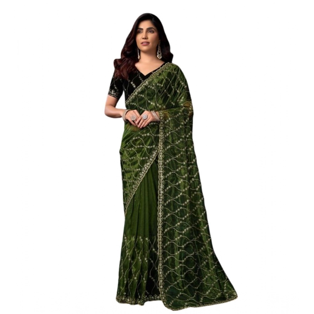 Generic Women's Net Sequence Saree With Unstitched Blouse 5.5Mtr (Light Green) - Image 5