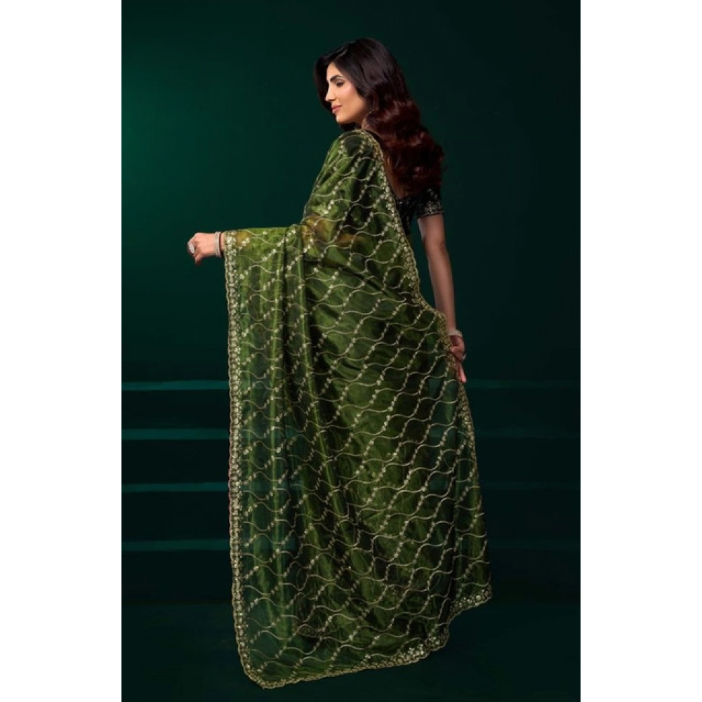 Generic Women's Net Sequence Saree With Unstitched Blouse 5.5Mtr (Light Green) - Image 4