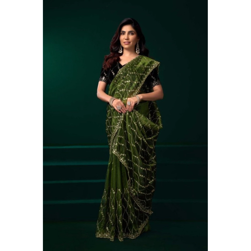 Generic Women's Net Sequence Saree With Unstitched Blouse 5.5Mtr (Light Green) - Image 3