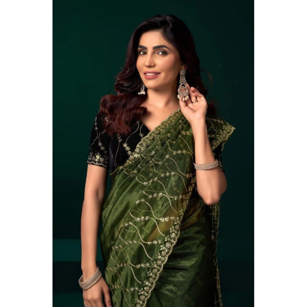 Generic Women's Net Sequence Saree With Unstitched Blouse 5.5Mtr (Light Green) - Image 2