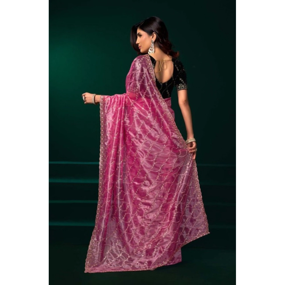 Generic Women's Net Sequence Saree With Unstitched Blouse 5.5Mtr (Light Pink) - Image 4