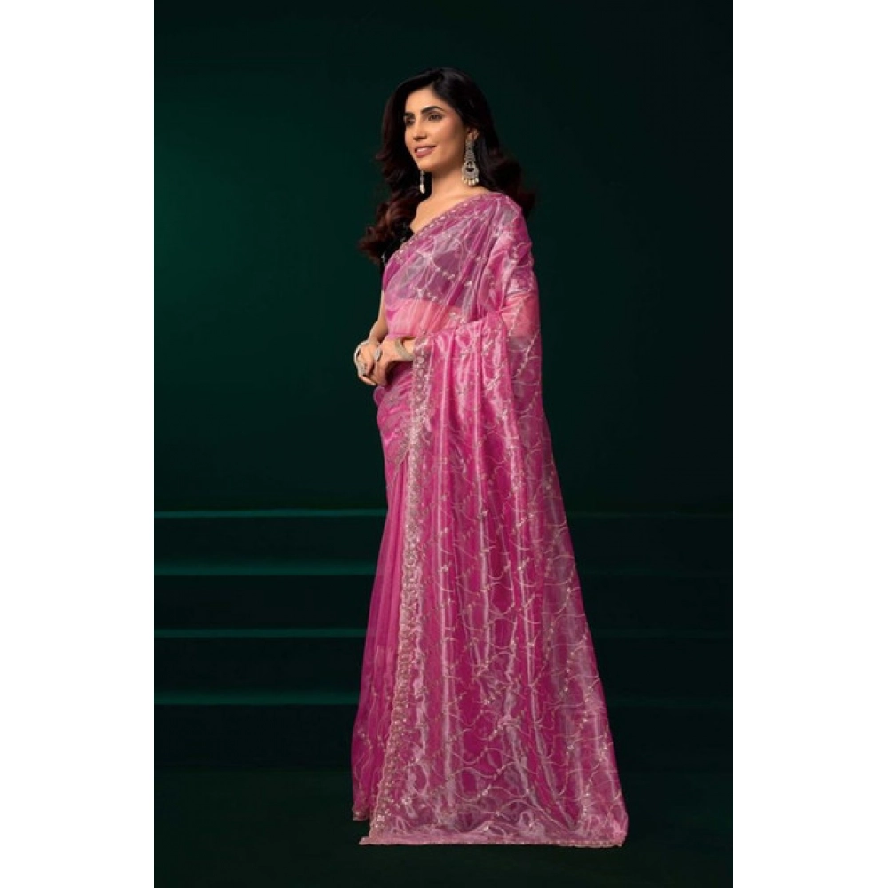 Generic Women's Net Sequence Saree With Unstitched Blouse 5.5Mtr (Light Pink) - Image 3
