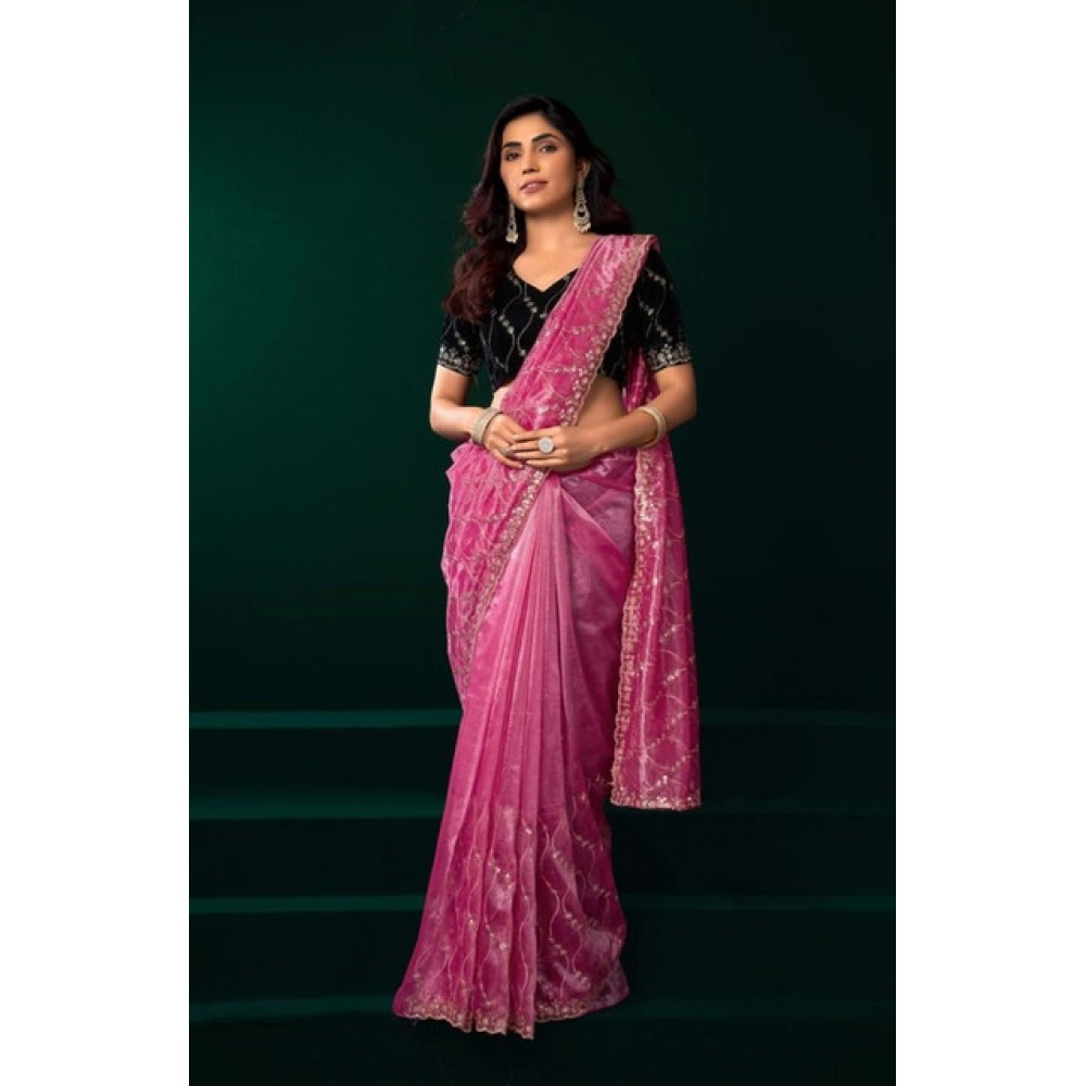 Generic Women's Net Sequence Saree With Unstitched Blouse 5.5Mtr (Light Pink) - Image 2