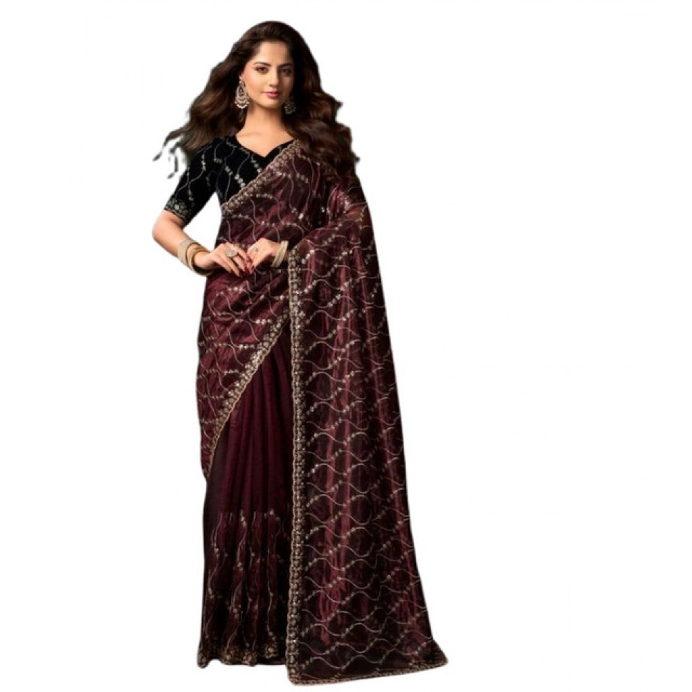 Generic Women's Net Sequence Saree With Unstitched Blouse 5.5Mtr (Maroon) - Image 5