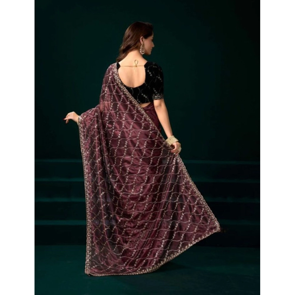 Generic Women's Net Sequence Saree With Unstitched Blouse 5.5Mtr (Maroon) - Image 4