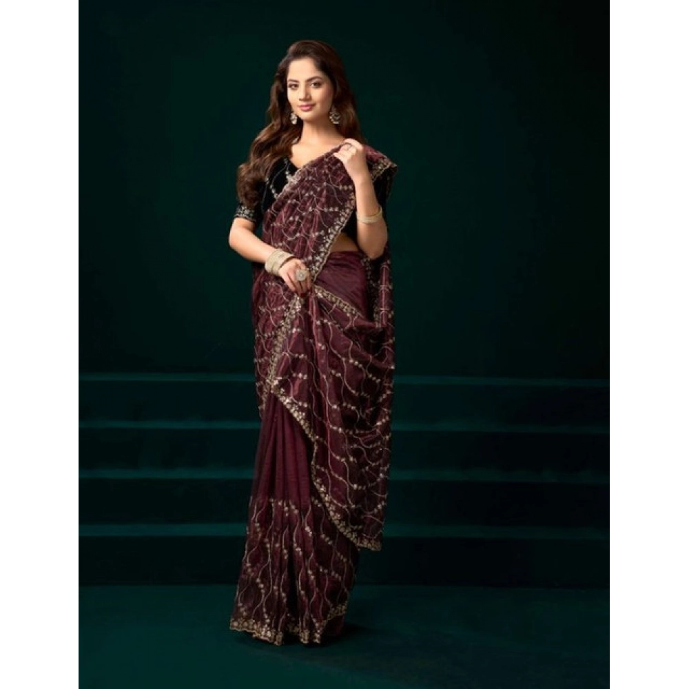Generic Women's Net Sequence Saree With Unstitched Blouse 5.5Mtr (Maroon) - Image 3