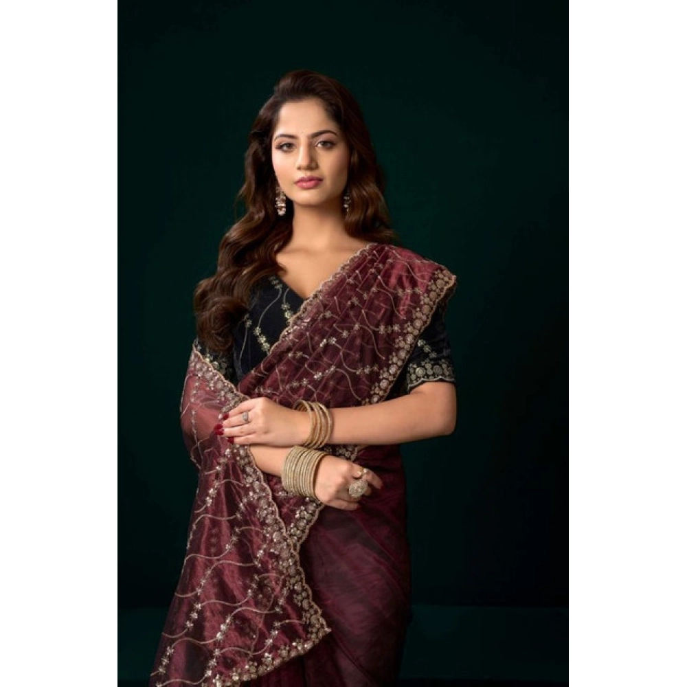 Generic Women's Net Sequence Saree With Unstitched Blouse 5.5Mtr (Maroon) - Image 2